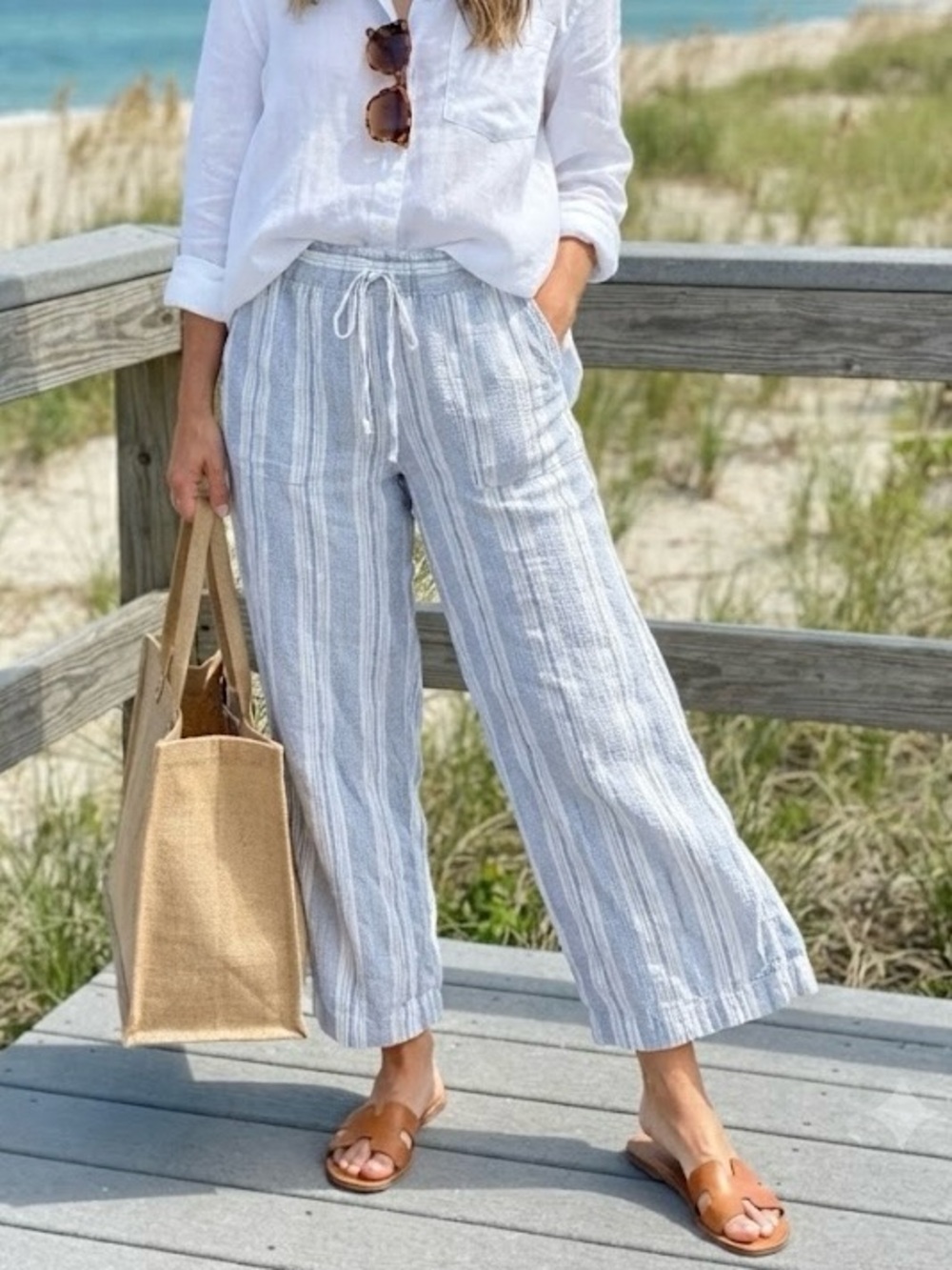 Gap Blue & White Striped Linen-Blend Wide Leg Drawstring Pants Beachy Chic L